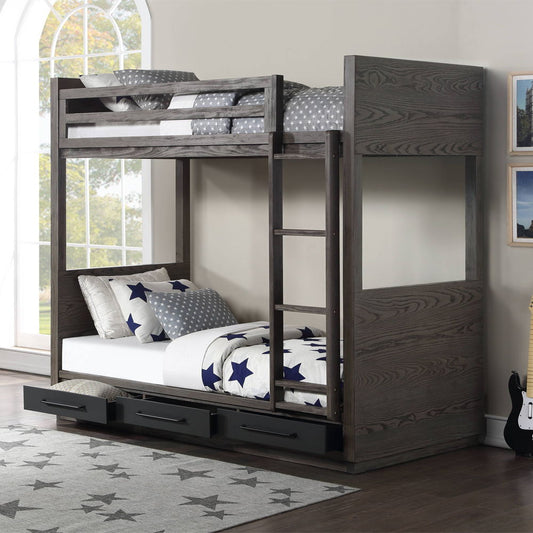 Estevon - Twin Over Twin Bunk Bed With Storage - Gray Oak