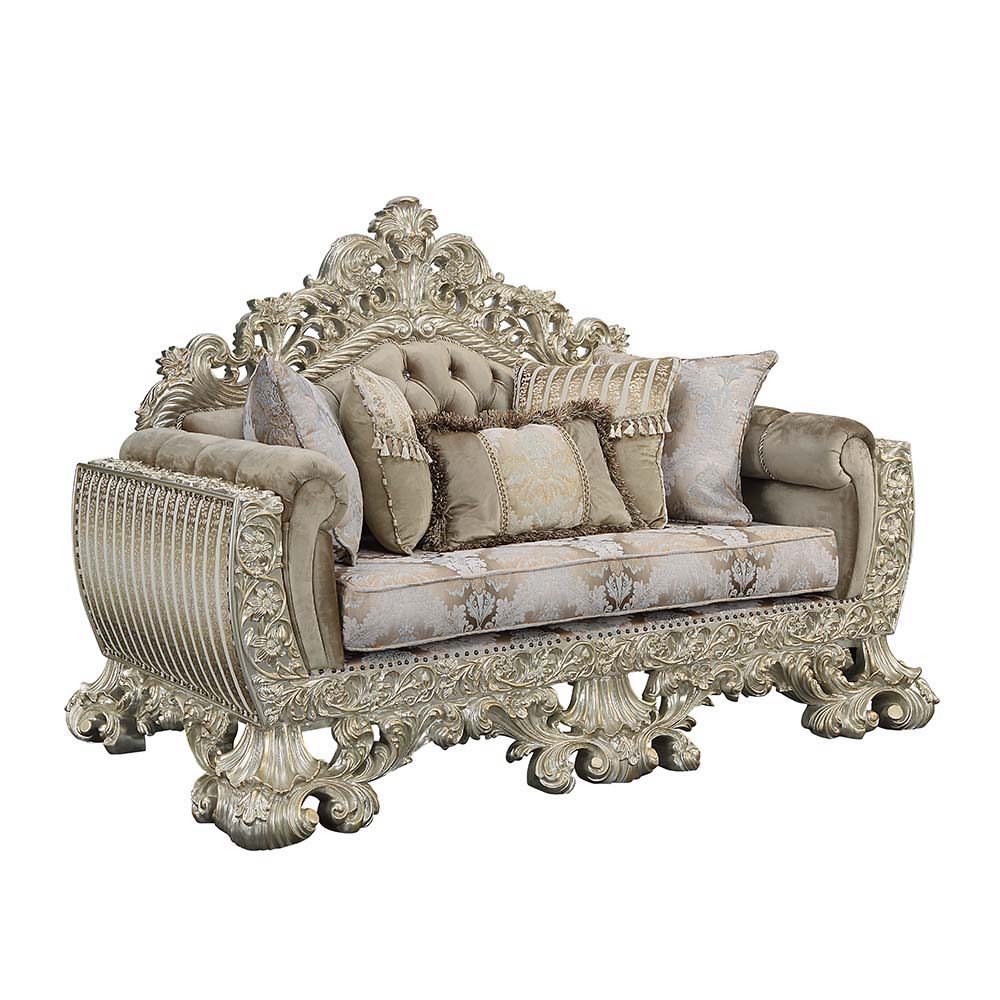 Sorina - Loveseat With 5 Pillows - Velvet, Fabric & Antique Gold