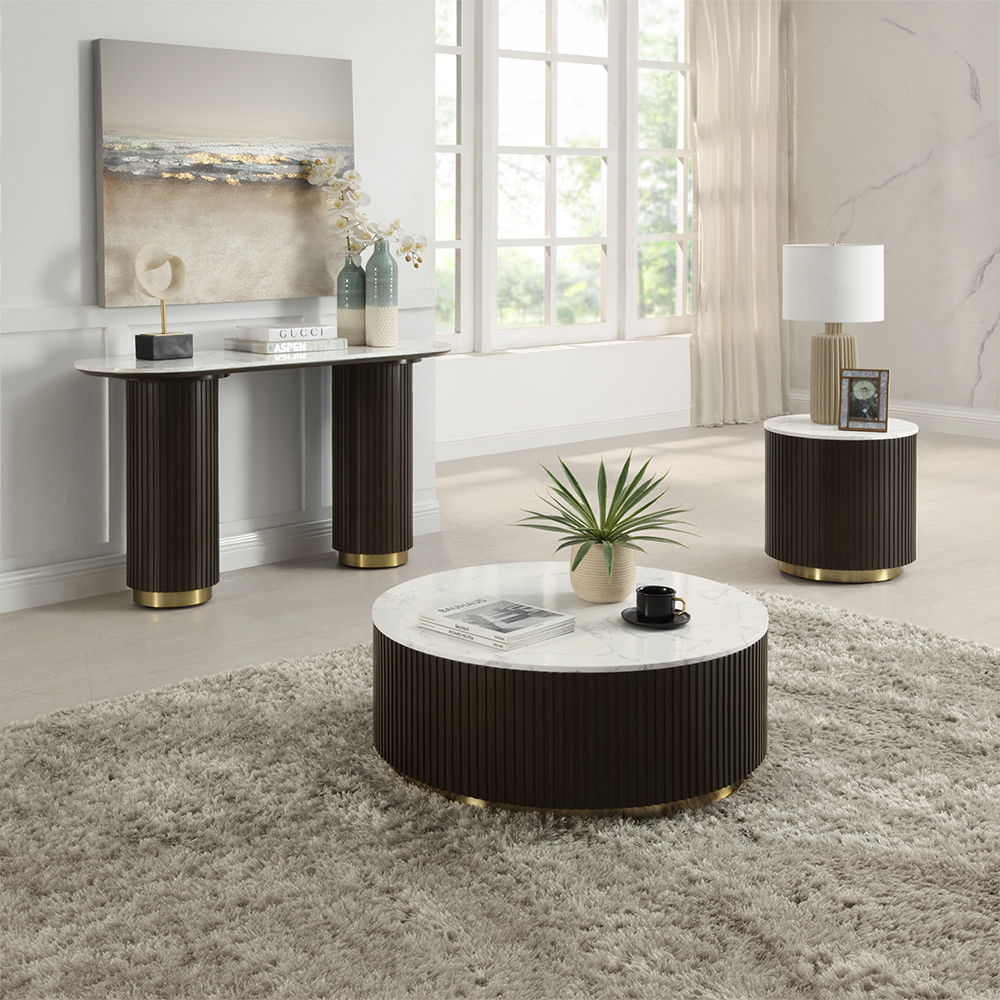 Clayten - Coffee Table - White Natural Marble Top & Espresso