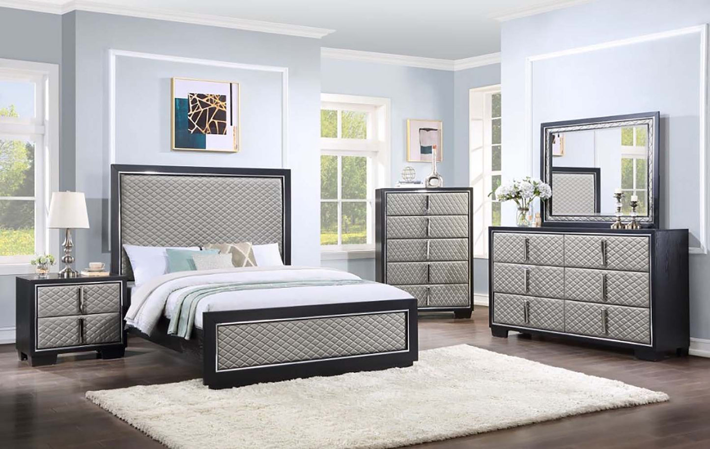 Nicola - Queen Bed - Silver Synthetic Leather & Black