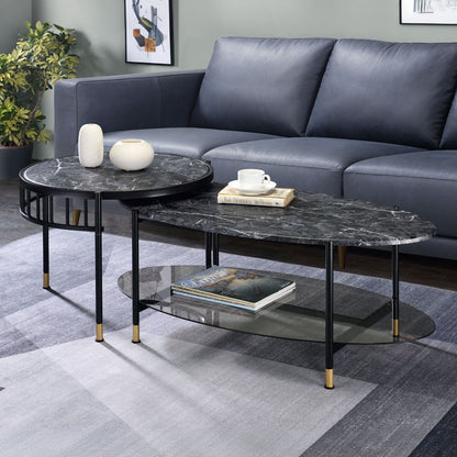 Silas - Nesting Coffee Table Set - Faux Marble Top & Black