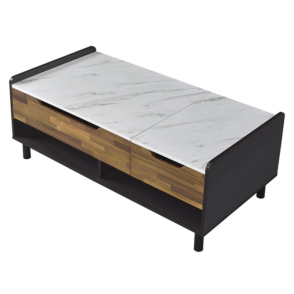 Axel - Coffee Table With Lift Top - White Printed Faux Marble Top, Walnut & Black