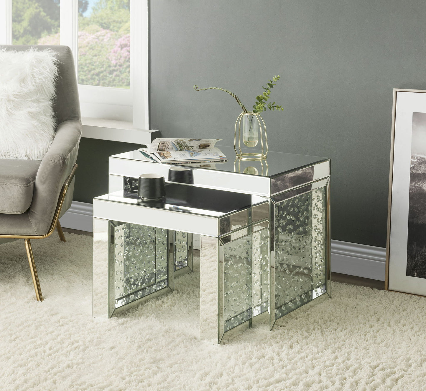 Nysa - 16" Accent Table - Mirrored & Faux Crystals Inlay