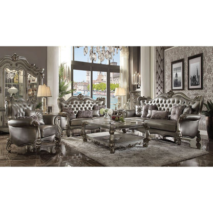 Versailles - Loveseat With 4 Pillows - Silver Synthetic Leather & Antique Platinum