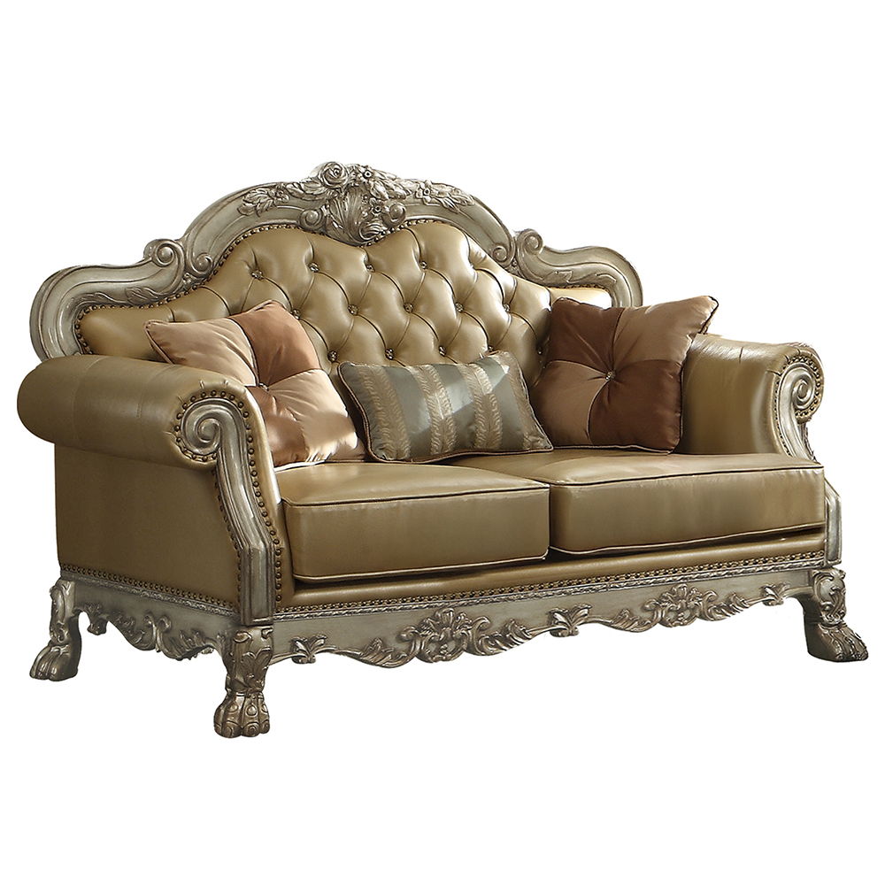 Dresden - Loveseat With 3 Pillows - Bone Synthetic Leather & Gold Patina